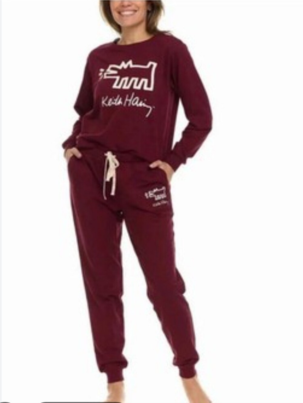 Keith Haring 2 Piece Barking Dog Sweatsuit Sweatshirt & Sweats Burgundy Small